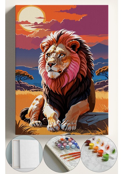 Sayılarla Boyama Çerçeveli Hobi Seti Numaralı Tuval Fırça Boya Dahil Kasnaklı 40X50 cm Oturan Aslan