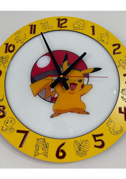 Çocuk Odası Duvar Saati - Epoksi Reçine Kaplamalı - Pikaçu - 40 cm