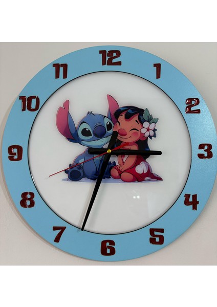 Çocuk Odası Duvar Saati - Epoksi Reçine Kaplamalı - Lilo ve Stiç - 40 cm