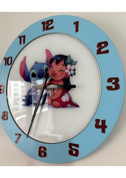 Çocuk Odası Duvar Saati - Epoksi Reçine Kaplamalı - Lilo ve Stiç - 40 cm