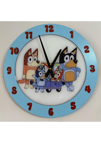 Çocuk Odası Duvar Saati - Epoksi Reçine Kaplamalı - Mavi Köpek ve Ailesi - 40 cm