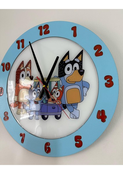 Çocuk Odası Duvar Saati - Epoksi Reçine Kaplamalı - Mavi Köpek ve Ailesi - 40 cm