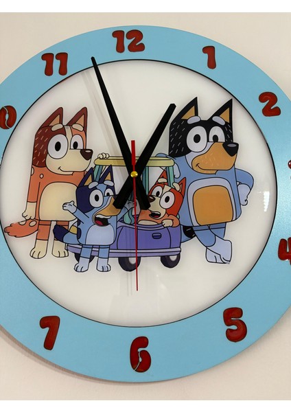 Çocuk Odası Duvar Saati - Epoksi Reçine Kaplamalı - Mavi Köpek ve Ailesi - 40 cm