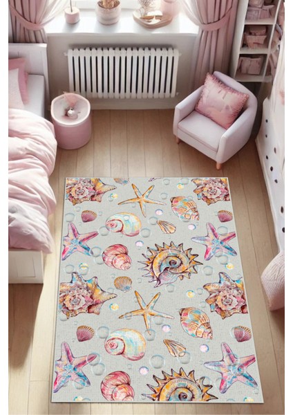 Deniz Yıldızlı Desenli Halı Deniz Kabuklu Halı Deniz Temalı Dijital Baskılı Kaymaz Antialerjik Oturma Odası Halısı