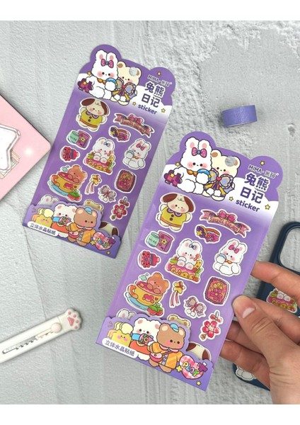 Sevimli Tavşan ve Dostları Kabartmalı Sticker Mor