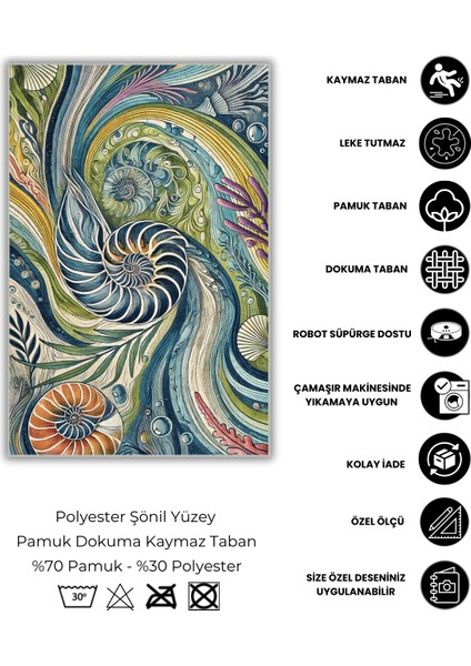 Renkli Deniz Kabuğu Desenli Halı Deniz Temalı Dijital Baskılı Yıkanabilir Kaymaz Tabanlı Salon Halısı