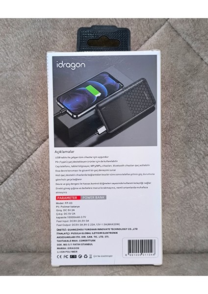 Idragon 10000 Mah Kapasite Pd 20W Hızlı Powerbank Taşınabilir Şarj Aleti Cihazı Batarya Kp-03