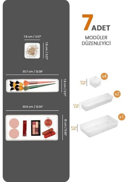 7'li Modüler Çekmece Içi Düzenleyici, Banyo Makyaj ve Takı Düzenleyici - Ofis Masaüstü Organizer modelleri