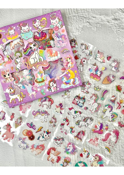 4 Bölmeli 100 Yaprak Unicorn Desenli Mor Renk Kutu Sticker Seti Su Geçirmez