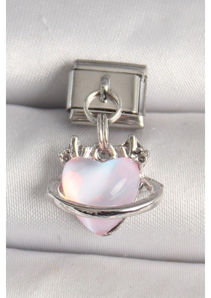 316L Çelik Gümüş Renk Pembe Mineli Kalp Model Nomination Charm - TJ-BC1317
