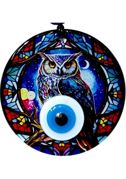 Baykuşlu Gece Desenli 12 Santimetre Füzyon Cam Duvar Süsü