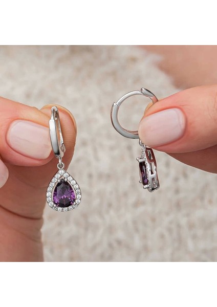 Gümüş Mor Zirkon Taşlı Damla Kadın Küpe