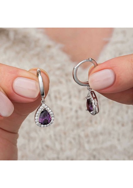 Gümüş Mor Zirkon Taşlı Damla Kadın Küpe fiyatları