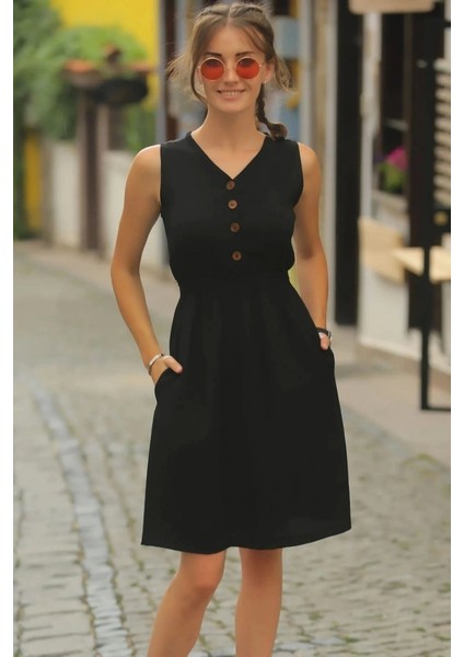 Kadın V Yakalı Önden Düğme Detay Beli Lastikli Keten Kısa Elbise modelleri