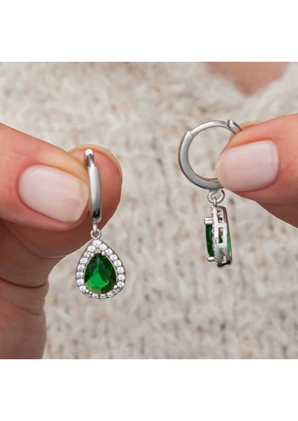 Gümüş Yeşil Zirkon Taşlı Damla Kadın Küpe