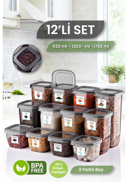 12'li Set Etiketli Kare Erzak Saklama Kabı - Bakliyat Saklama Kutusu Baharatlık 4X(550-1200-1750 Ml)
