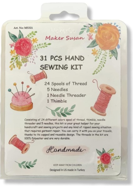 Susan 24 Renkli Kullanışlı Polyester Dikiş Ipliği Seti 25M/27YDS Her Biri 5 Dikiş Iğnesi, Yüksük, Seyahat Ailesi Günlük Veya Acil Durum ve Kendin Yap Için Iğne Geçirici