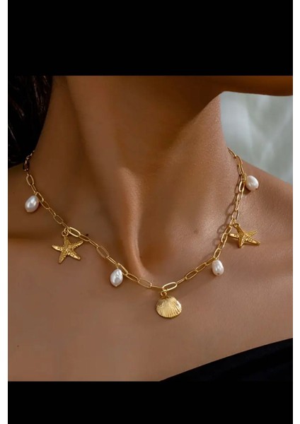 Gerçek Incili Deniz Yıldızlı , Deniz Kabuklu Charm Çelik Kolye