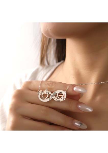 925 Ayar Gümüş Kişiye Özel Isimli Kalp Detaylı Sonsuzluk Tasarımlı Kadın Kolye fiyatları