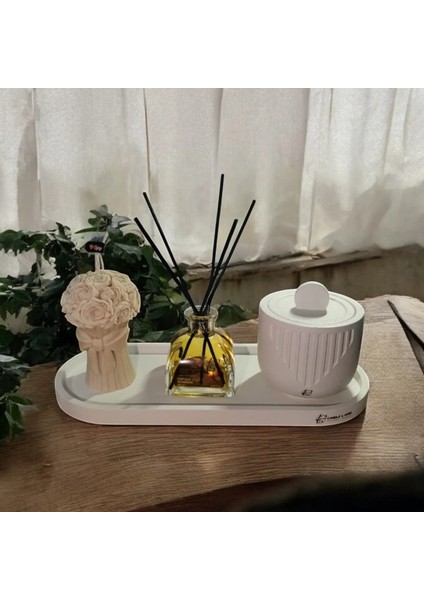 4'lü Okyanus Esintisi Dekoratif Set - Mis Kokulu Organik Soya Mumu, Desenli Taş Mumluk, Oda Kokusu ve Sunumluk fırsatları