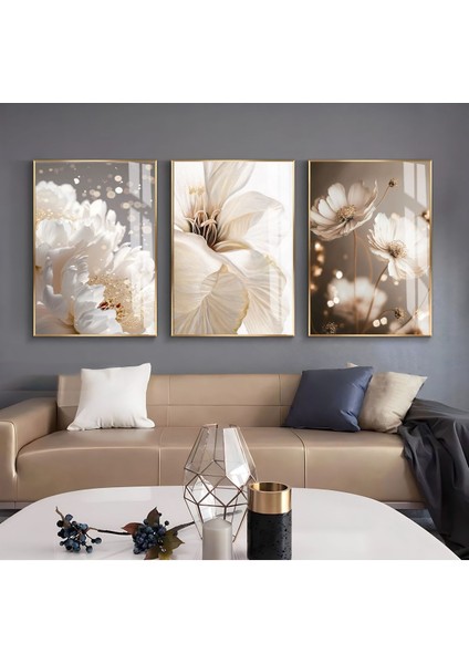 |krem-Gold Renk Soft Çiçek ve Soyut Kombin 2|çerçeveli Cam Tablo 3lü Dikey