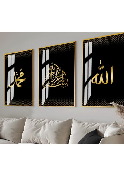 gold Allah-Besmele-Muhammed Islami Kombin |çerçeveli Cam Tablo 3lü Dikey
