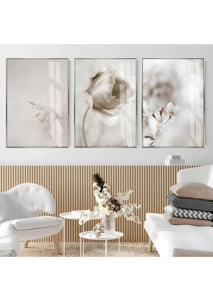 soft| Bitki Çiçek Kombini (Elegant) |çerçeveli Cam Tablo 3lü Dikey