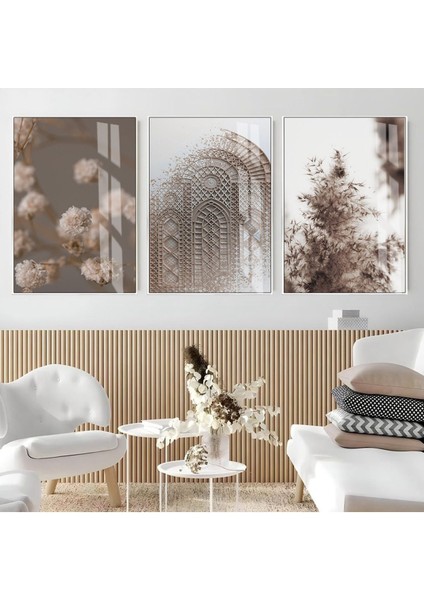 soft|kahve-Krem Bitki Şam Kapı Desen Kombini|çerçeveli Cam Tablo 3lü Dikey