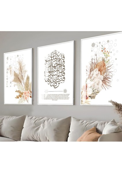 soft Bohem Çiçekli Bakara Ayeti Kombini |çerçeveli Cam Tablo 3lü Dikey