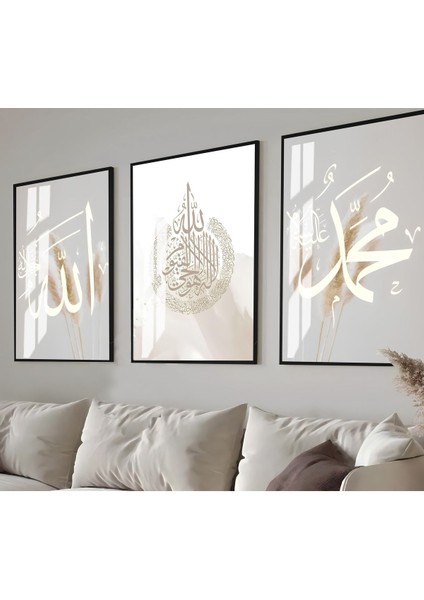 soft Bitkili Muhammed-Ayetel Kürsi-Muhammed Kombini|çerçeveli Cam Tablo 3lü Dikey