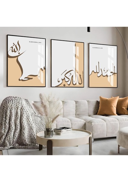 sarı-Bej Subhanallah-Alhamdulillah-Allahekber Kombini|çerçeveli Cam Tablo 3lü Dikey