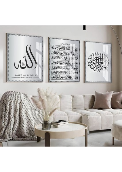 gümüş-Siyah Allah-Ayetel Kürsi-Besmele Kombin |çerçeveli Cam Tablo 3lü Dikey