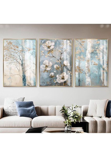 |soft Gold-Mavi Soyut Yapraklı Çiçek Kombin |çerçeveli Cam Tablo 3lü Dikey