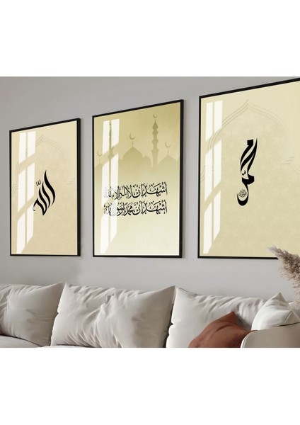 soft Yeşil Şehadet-Allah-Muhammed Islami Kombini |çerçeveli Cam Tablo 3lü Dikey