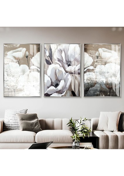 soft Beyaz-Bej Eskitme Tarz Çiçek Kombini |çerçeveli Cam Tablo 3lü Dikey