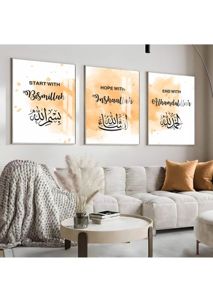 besmele-Elhamdulilllah-Inşallah Kombini |çerçeveli Cam Tablo 3lü Dikey