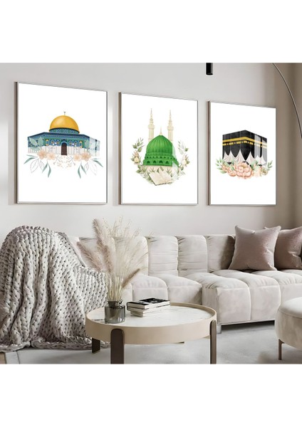 çiçek Desen Mescid-I Aksa-Kabe-Nebevi Islami Kombini |çerçeveli Cam Tablo 3lü Dikey