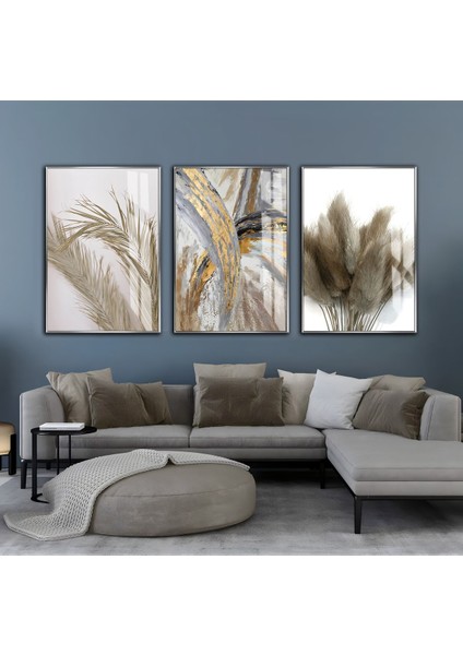bej-Krem-Gold Bitki Desenli Soyut Kombini |çerçeveli Cam Tablo 3lü Dikey