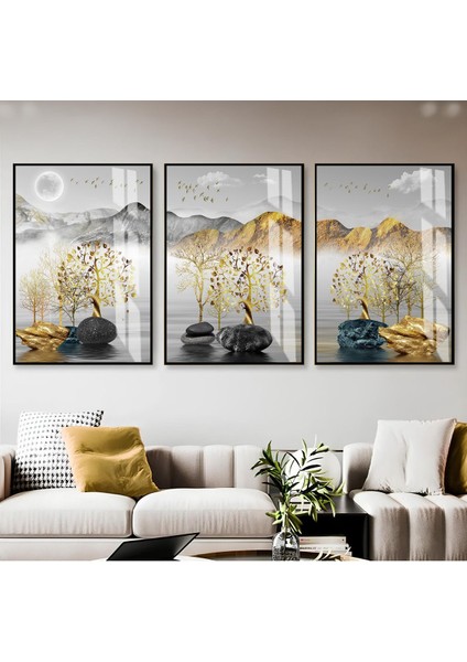 gold-Gri Ağaç Dağ Manzara Kombini |çerçeveli Cam Tablo 3lü Dikey