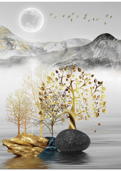 gold-Gri Ağaç Dağ Manzara Kombini |çerçeveli Cam Tablo 3lü Dikey fiyatları