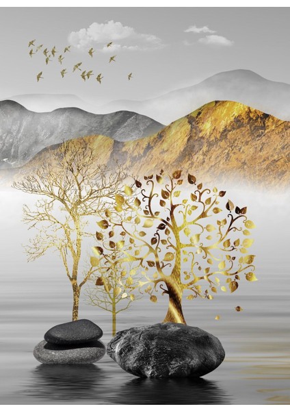 gold-Gri Ağaç Dağ Manzara Kombini |çerçeveli Cam Tablo 3lü Dikey modelleri