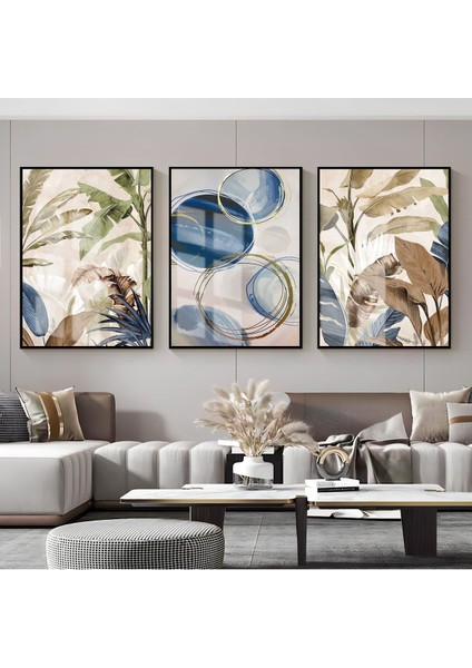 soft Mavi-Yeşil Soyut Yaprak Kombini |çerçeveli Cam Tablo 3lü Dikey