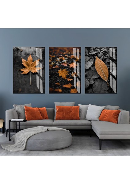 koyu Turuncu-Gri Yapraklar Kombini |çerçeveli Cam Tablo 3lü Dikey
