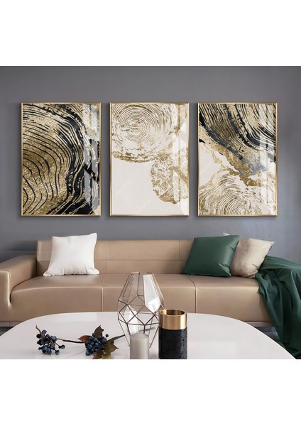 yeşil Gold Renk Soyut Ağaç Kabuğu Art |çerçeveli Cam Tablo 3lü Dikey