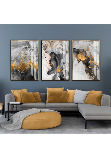 gri-Gold Soyut Çiçek Kombini |çerçeveli Cam Tablo 3lü Dikey