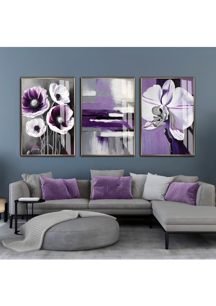 mor-Gri Soyut Çiçek Kombini Iıı |çerçeveli Cam Tablo 3lü Dikey