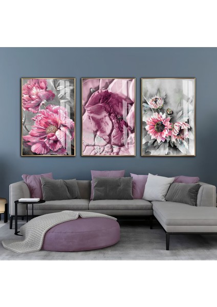 gri-Pembe Çiçek Kombini|çerçeveli Cam Tablo 3lü Dikey