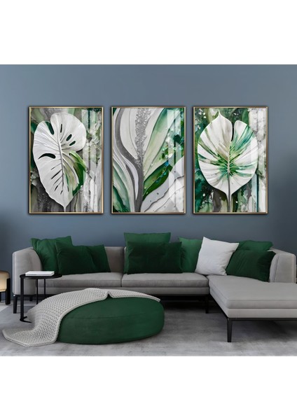 yeşil-Beyaz-Gri Yapraklar Kombini Iı |çerçeveli Cam Tablo 3lü Dikey