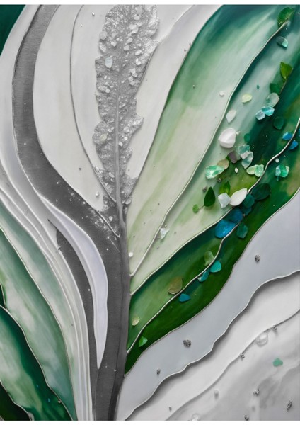 yeşil-Beyaz-Gri Yapraklar Kombini Iı |çerçeveli Cam Tablo 3lü Dikey modelleri