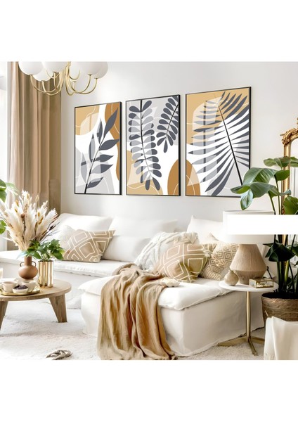 kahverengi-Krem Soft Yapraklı Bohem Seti |çerçeveli Cam Tablo 3lü Dikey